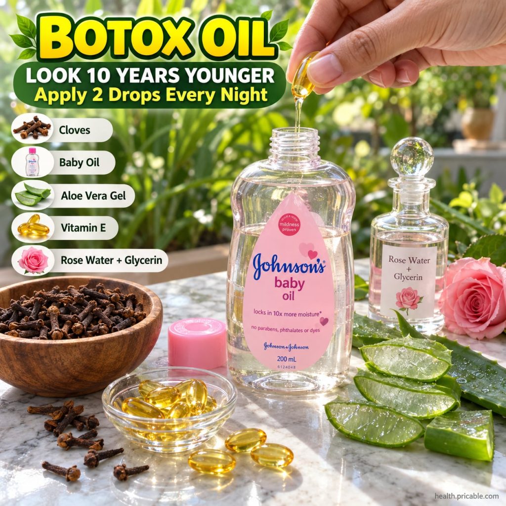 A bottle of baby oil next to a small glass dropper bottle filled with the Botox Oil blend with soft glowing skin in the