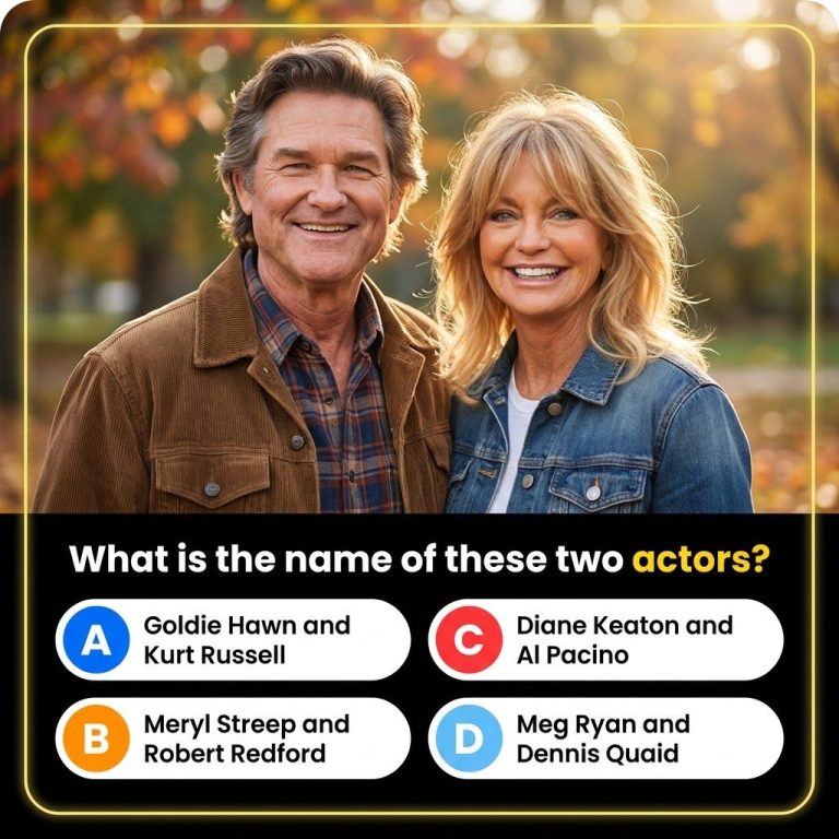 A quiz card featuring a classic Hollywood golden couple possibly Elizabeth Taylor and Richard Burton or Katharine Hepbur