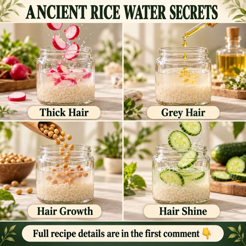 A close-up of a glass bowl filled with white rice soaking in water with a woman gently pouring the cloudy rice water int