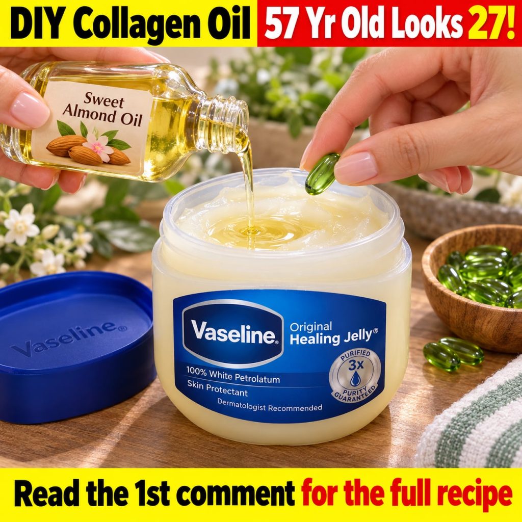 A small glass jar of homemade collagen oil with a subtle shimmer surrounded by its natural ingredients a tub of Vaseline