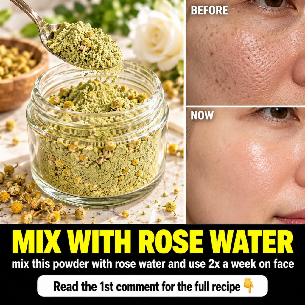 A small bowl containing a light-colored powder like clay or chickpea flour next to a bottle of rose water with a spoon f