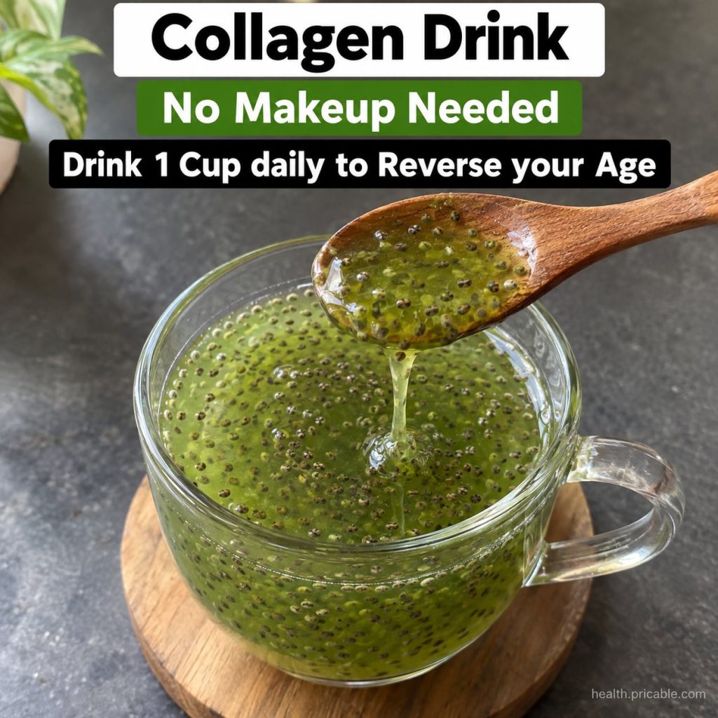 A glass of a collagen glow drink with chia seeds garnished with fresh berries or a lemon slice against a soft bright bac