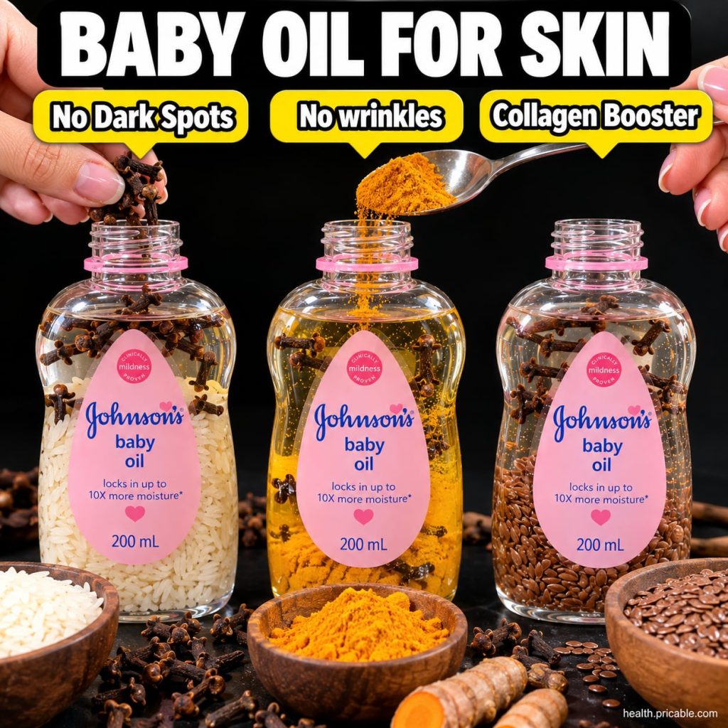 A bottle of baby oil next to a small bowl with vitamin E capsules suggesting ingredients for a DIY beauty hack