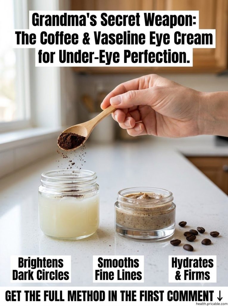 Ingredients for coffee and Vaseline eye cream showing a small bowl of fine coffee grounds next to a jar of petroleum jel