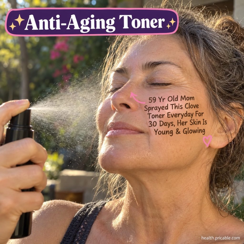 A woman gently spraying a homemade clove toner onto her face with a subtle glow on her skin