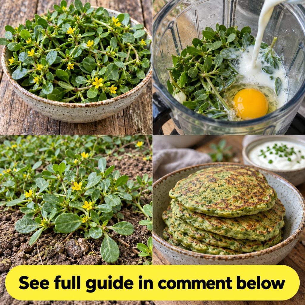 A stack of golden brown purslane pancakes with fresh berries and syrup