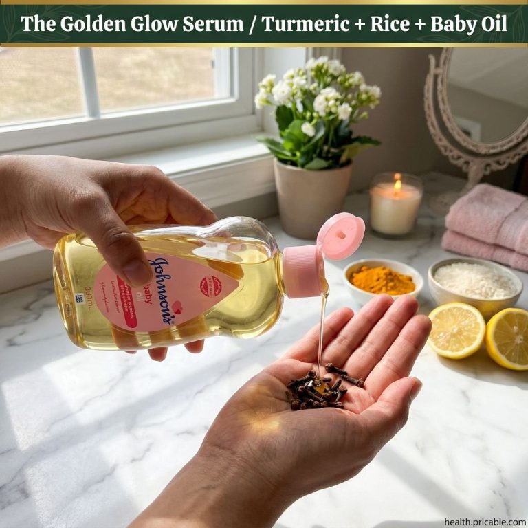Ingredients for a baby oil turmeric and rice mask laid out on a clean surface