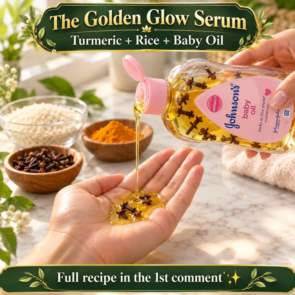 A close-up of a small glass bottle filled with a golden yellow serum with loose turmeric powder and white rice grains sc