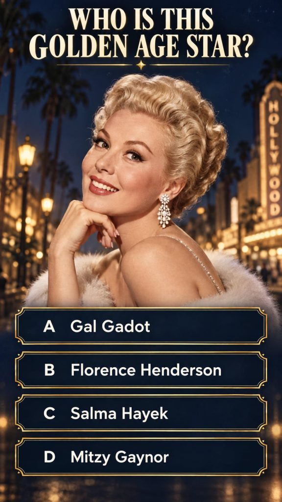 Quiz image showing a familiar face against a London night skyline with a question about identifying the actress