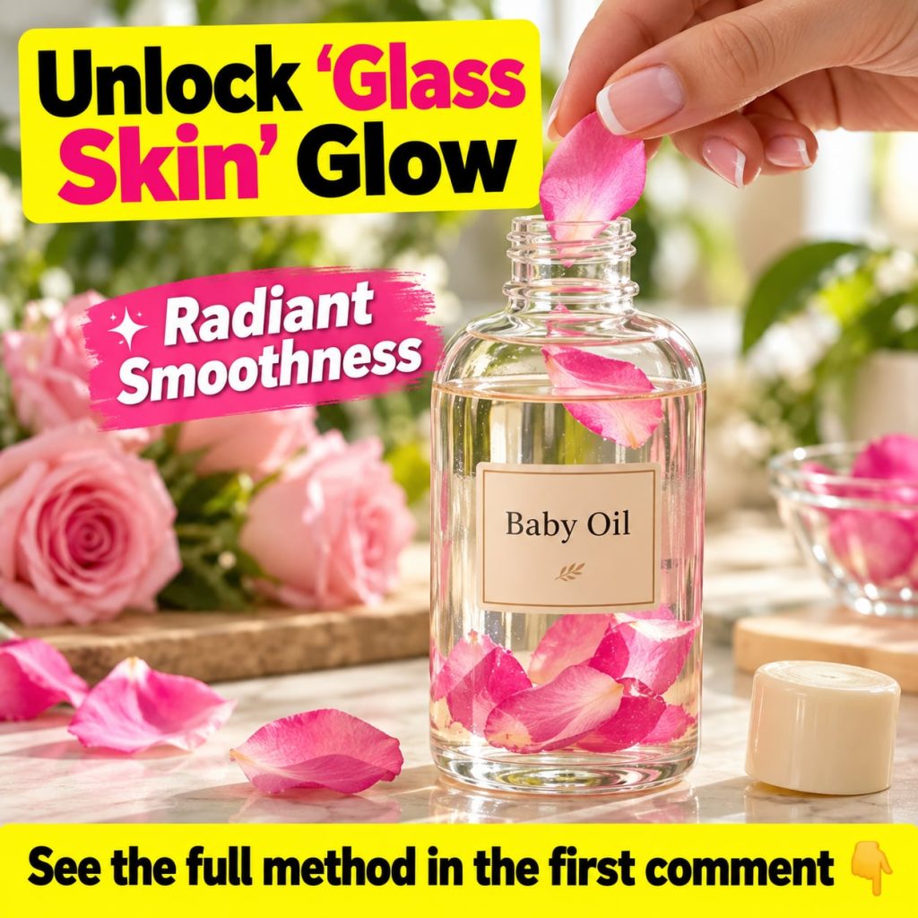 A small clear glass bottle filled with baby oil and dried pink rose petals resting on a light soft background emphasizin