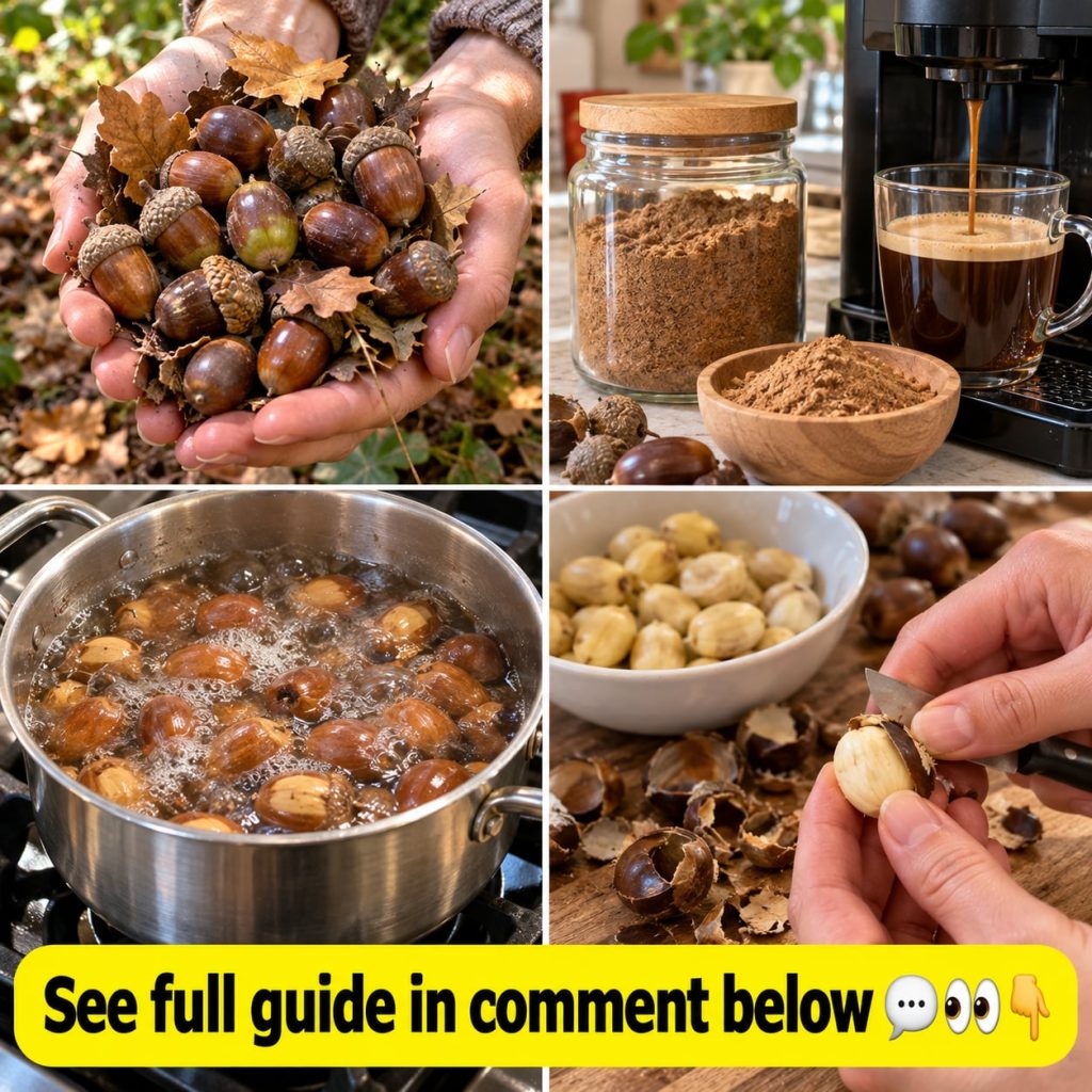A rustic cup of acorn coffee with roasted acorns on the side evoking a sense of natural comfort and tradition