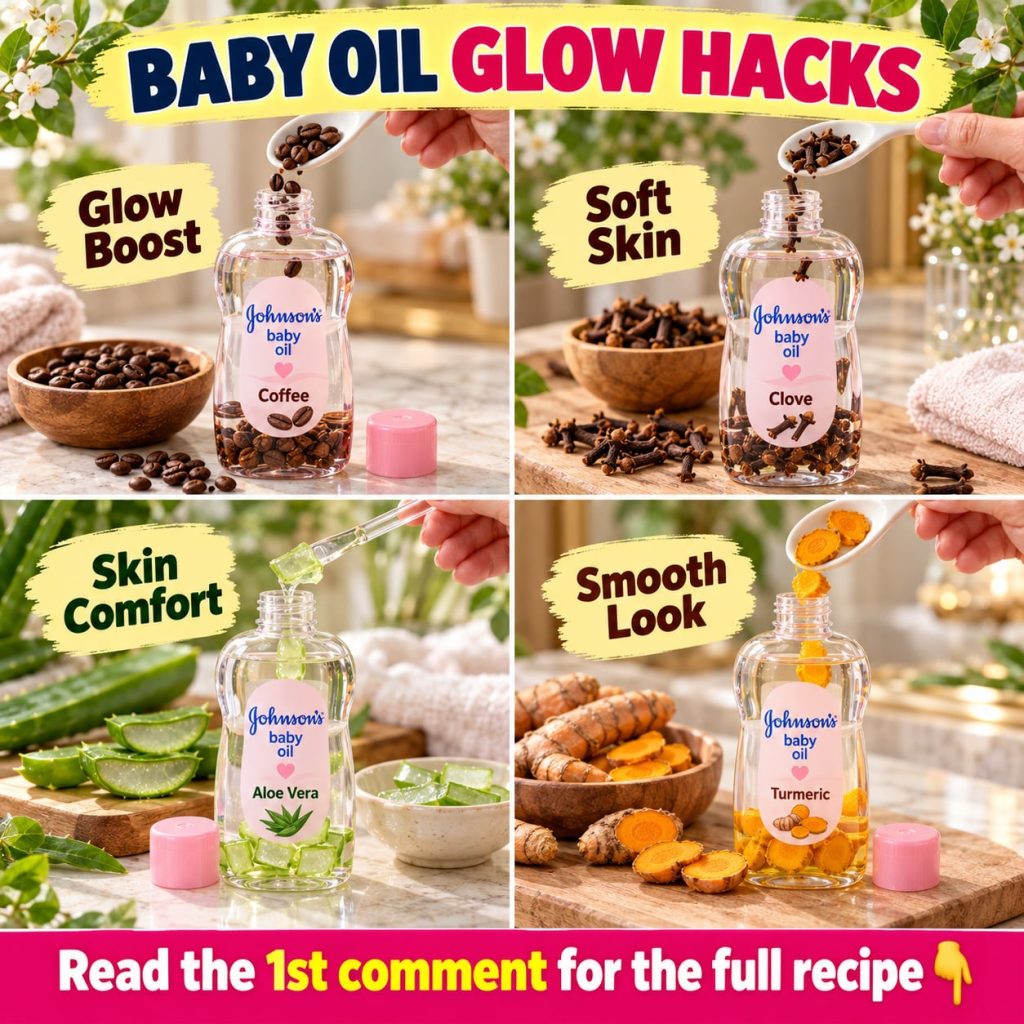 A bottle of baby oil next to a woman applying it to her arm which looks smooth and radiant