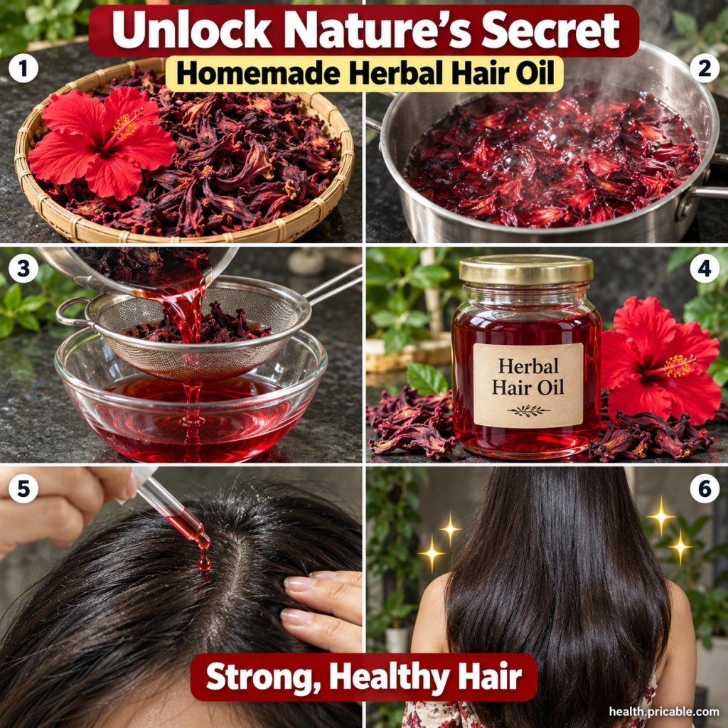 Ingredients for homemade herbal hair oil laid out including a bottle of coconut oil dried fenugreek seeds curry leaves a