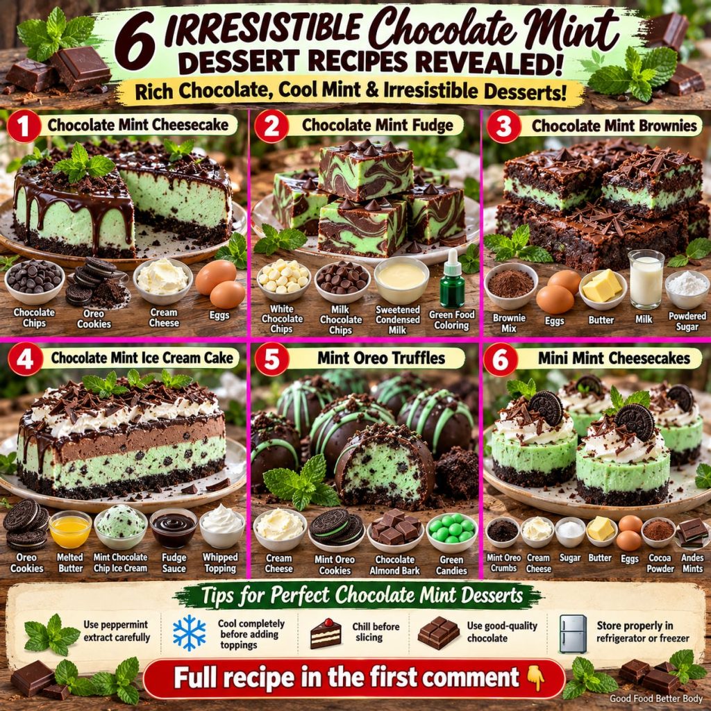 Mini chocolate mint cheesecakes with an Oreo crust chocolate cheesecake filling green mint topping and a small chocolate