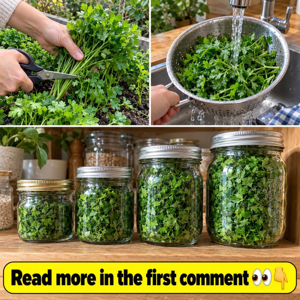 A bunch of freshly harvested parsley with roots submerged in a glass of water illustrating proper initial storage to kee