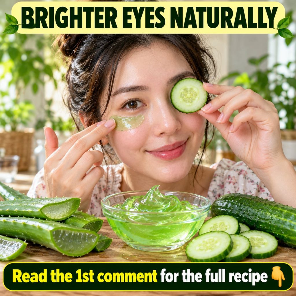 A close-up of a person s under-eye area with slices of cucumber and aloe vera gel applied illustrating a natural remedy
