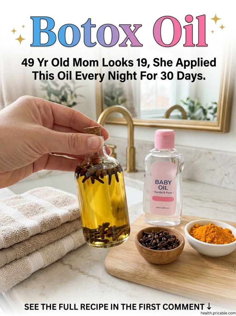 A woman gently applying a homemade oil blend to her face at night with a small jar of Vaseline a bottle of baby oil and
