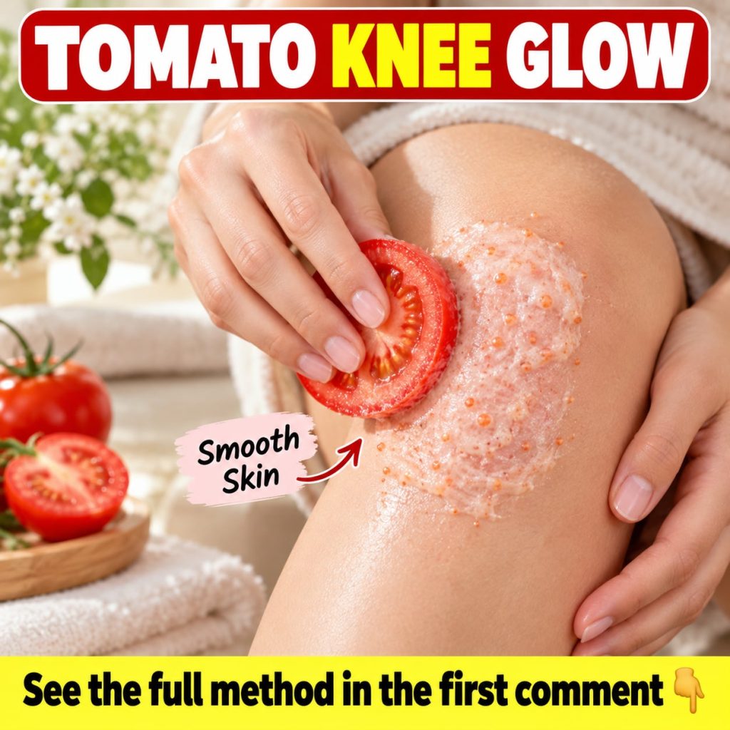 A person gently applying a red tomato scrub mixture to their arm or face with a fresh tomato and sugar visible in the ba