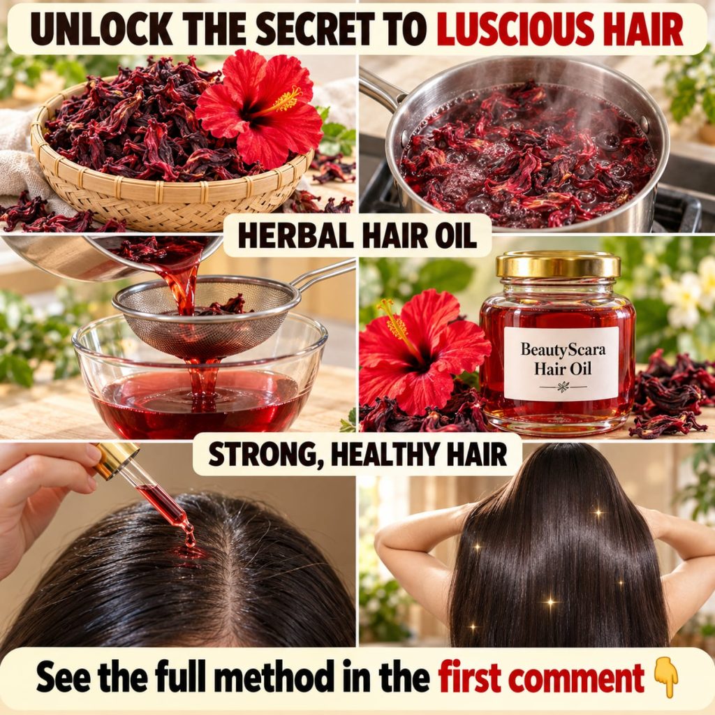 A close-up of a glass bottle filled with red hibiscus hair oil surrounded by fresh hibiscus flowers and leaves