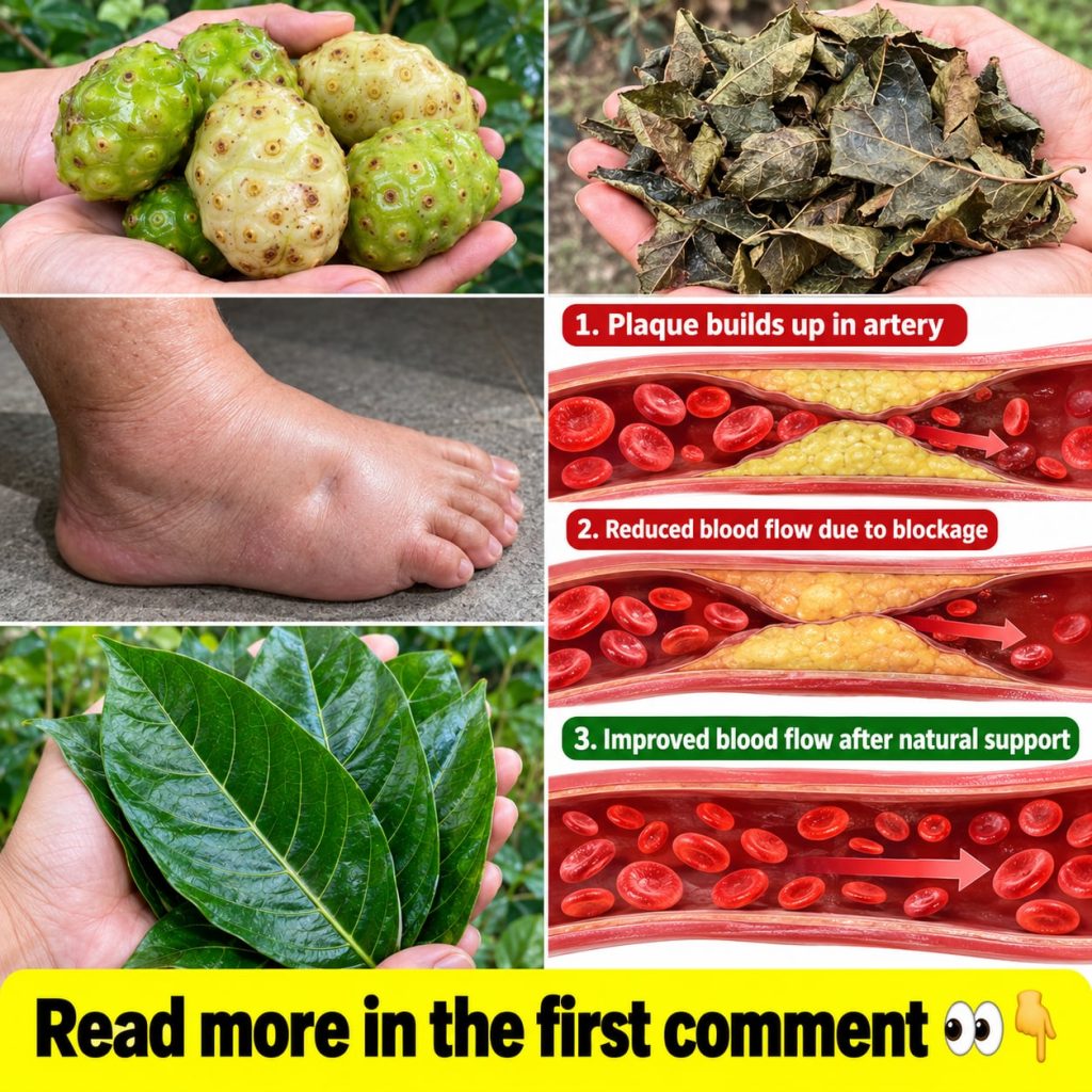 Whole Noni fruits and some leaves on a natural background depicting the raw ingredient