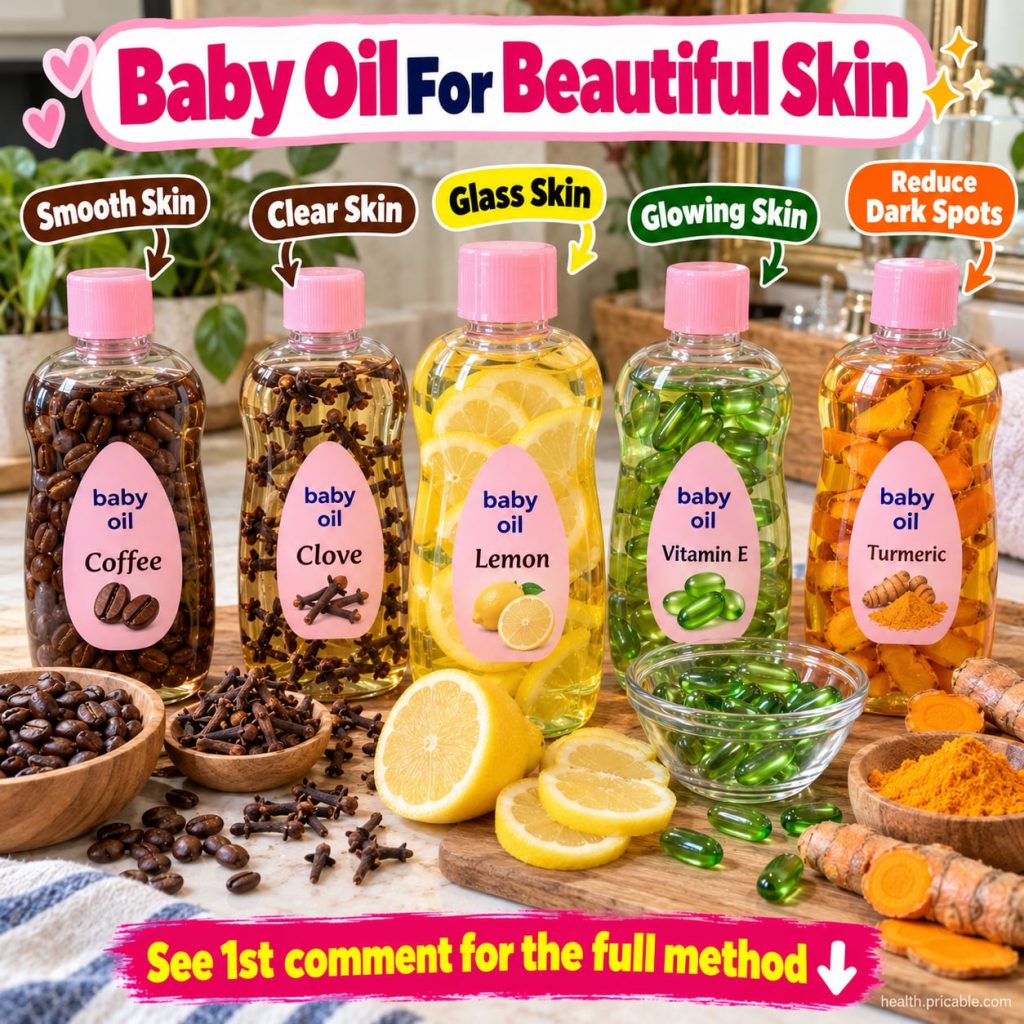 A flat lay of ingredients for baby oil infusions a bottle of Johnson s Baby Oil a bowl of coffee grounds a few lemon sli