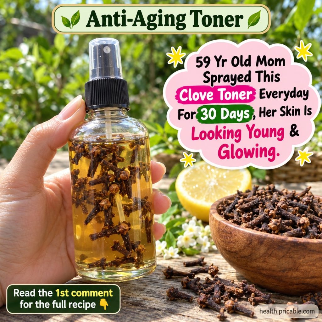 Ingredients for clove toner a small pile of whole cloves and a glass bottle of distilled water on a rustic wooden surfac