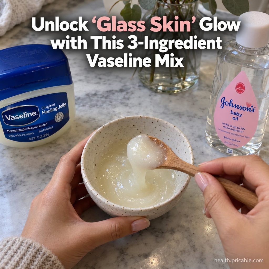 A small bowl with Vaseline Johnson s Baby Oil and Vitamin E oil with a small spoon for mixing on a clean surface