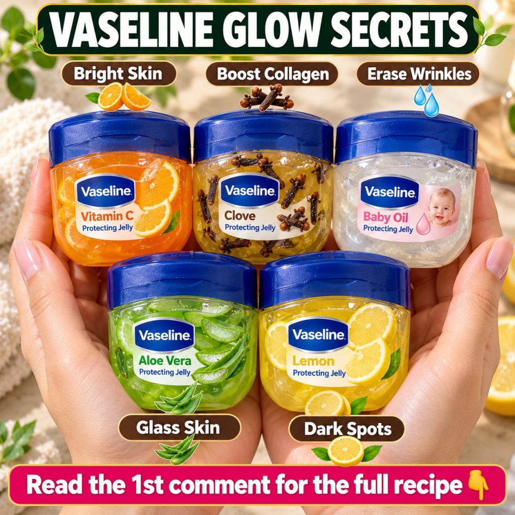 A close-up of a classic jar of Vaseline petroleum jelly open with a finger scooping out some product The background is s