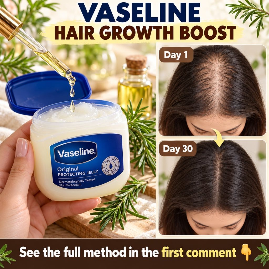 A vibrant and healthy-looking woman with thick shiny hair surrounded by various natural ingredients known to support hai