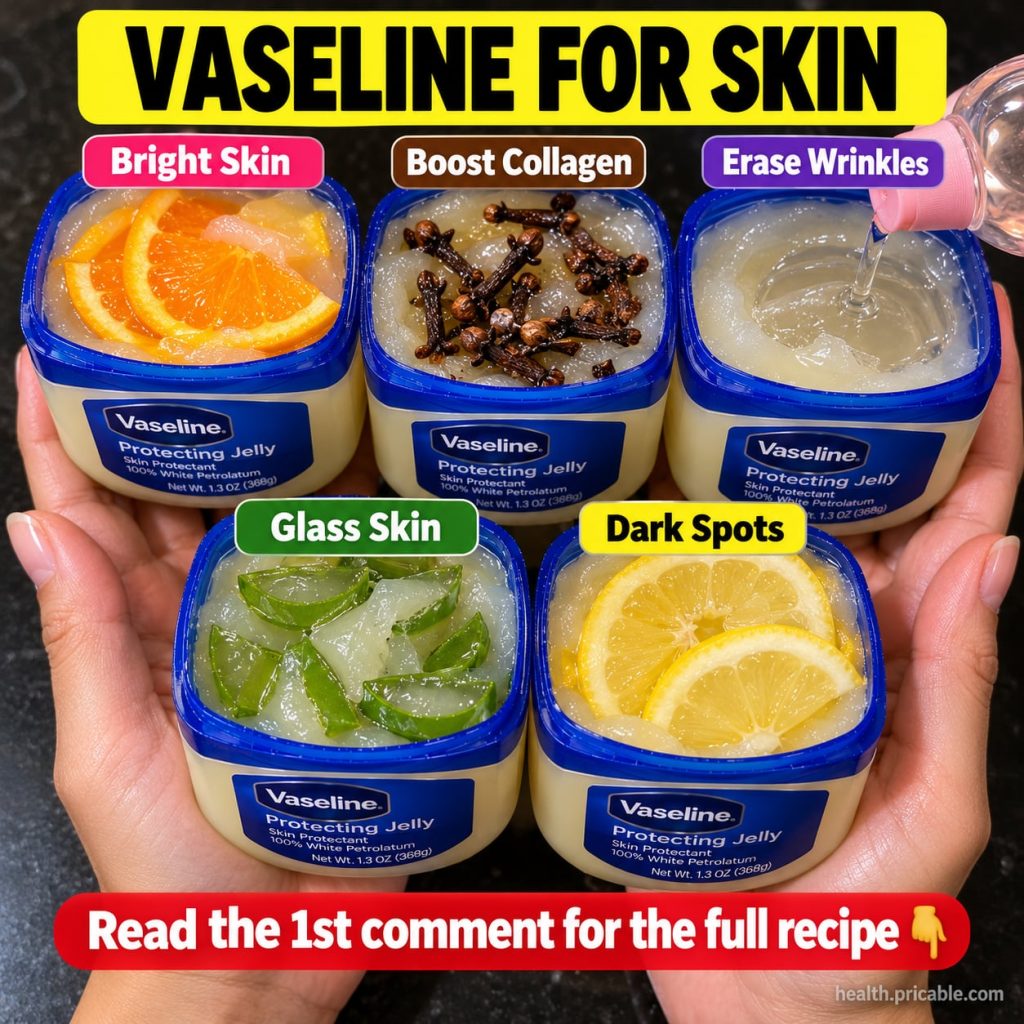 A close-up of a small glass jar containing a creamy homemade Vaseline-based balm with a hint of natural ingredients like
