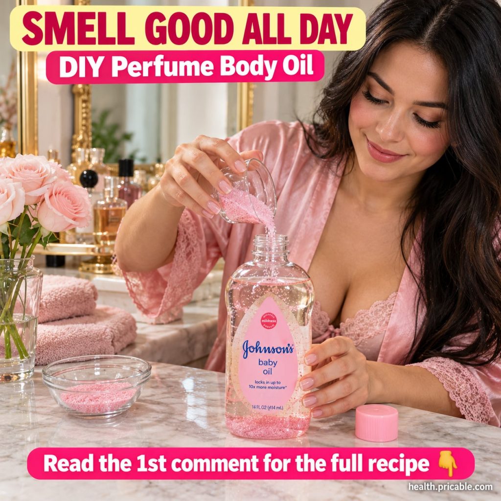 A clear bottle of homemade perfume body oil with a subtle golden tint surrounded by a few fresh flowers and a small bott