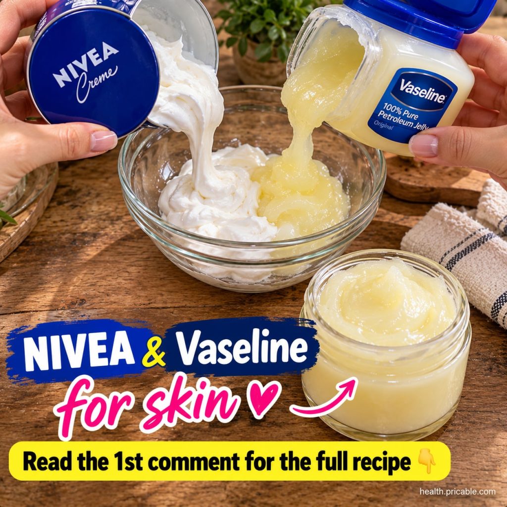 A small elegant glass jar filled with the prepared NIVEA and Vaseline cream next to the original NIVEA blue tin and a tu