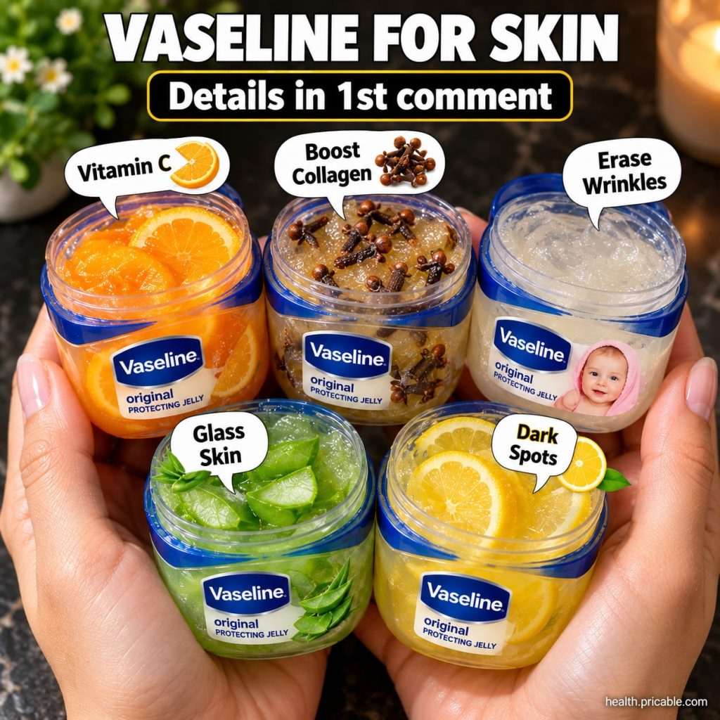 Ingredients for a Vaseline-based skin remedy including a jar of Vaseline a leaf of aloe vera a lemon cut in half and a s