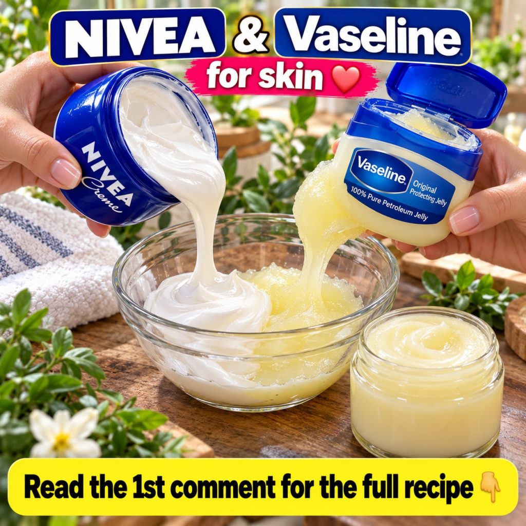 A close-up shot of a small clean white ceramic bowl containing a creamy mixture of NIVEA Creme and Vaseline with a small