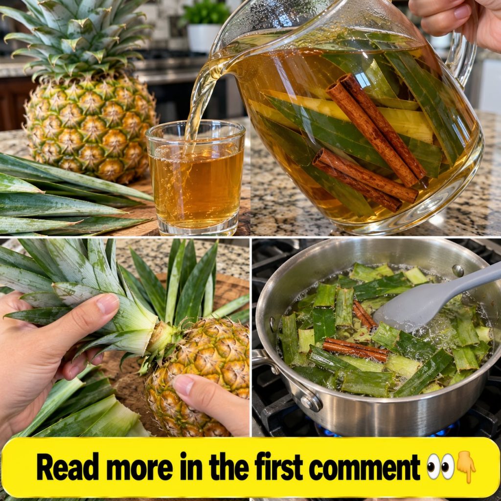 A whole ripe pineapple with its green leafy crown prominently displayed on a rustic wooden table next to a ceramic mug o