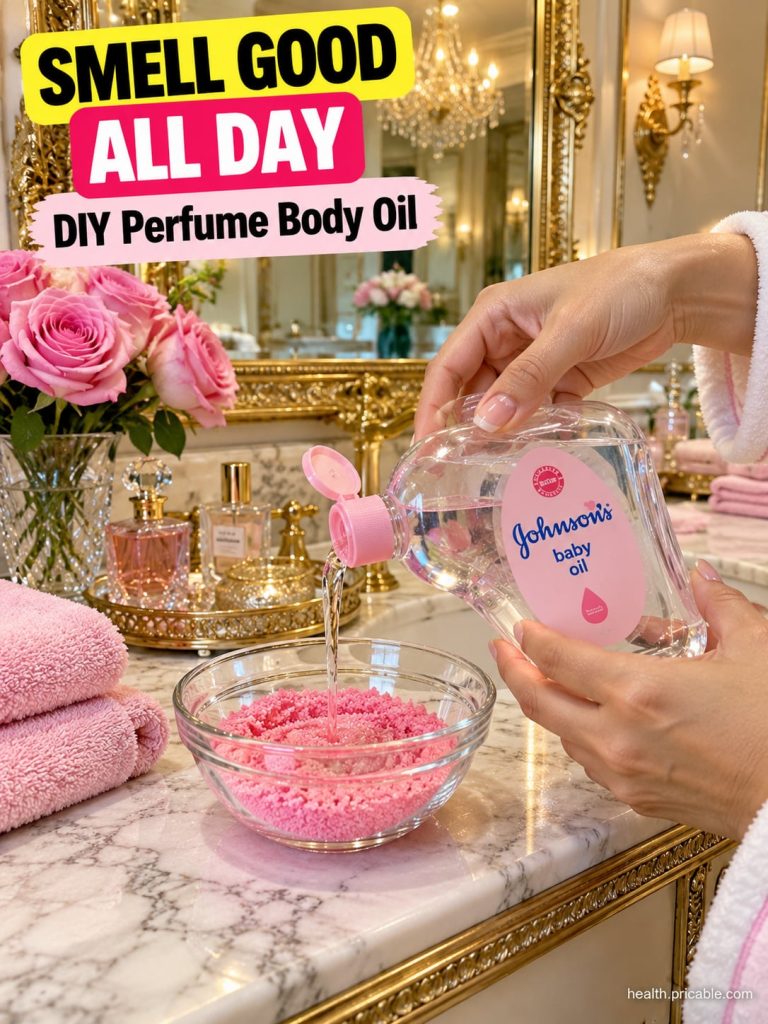 A bottle of baby oil next to a small dropper bottle of fragrance oil with a few drops being added to the baby oil