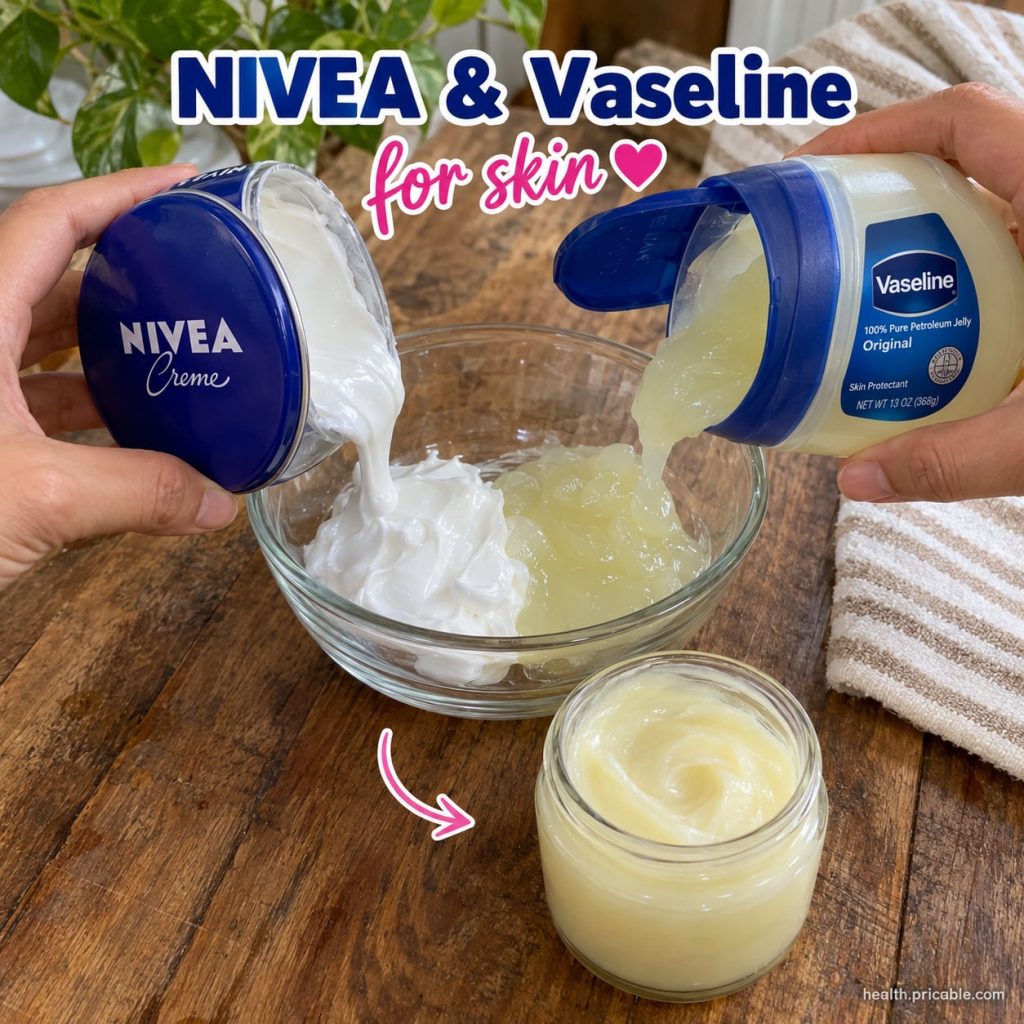 A NIVEA blue tin and a tub of Vaseline petroleum jelly placed side by side on a clean light surface highlighting the two