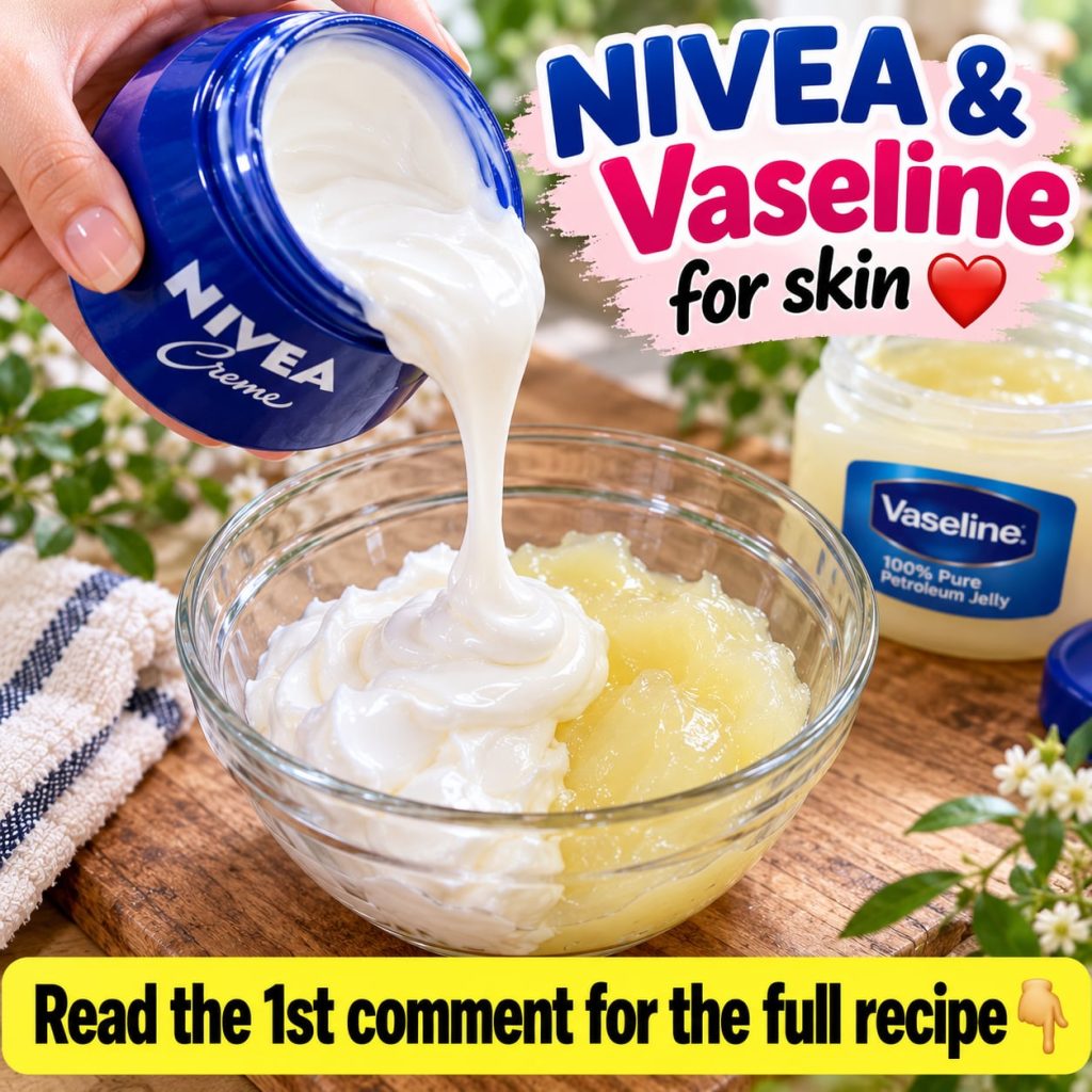 A close-up shot of an open blue NIVEA cream jar next to a small tub of Vaseline Petroleum Jelly both products prominentl
