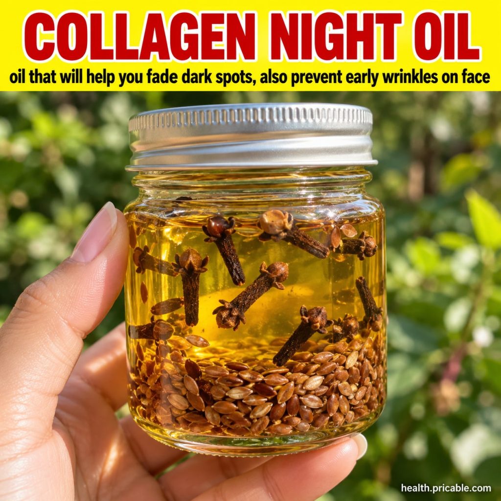A small glass dropper bottle filled with amber-colored oil with flax seeds and whole cloves scattered around it on a woo