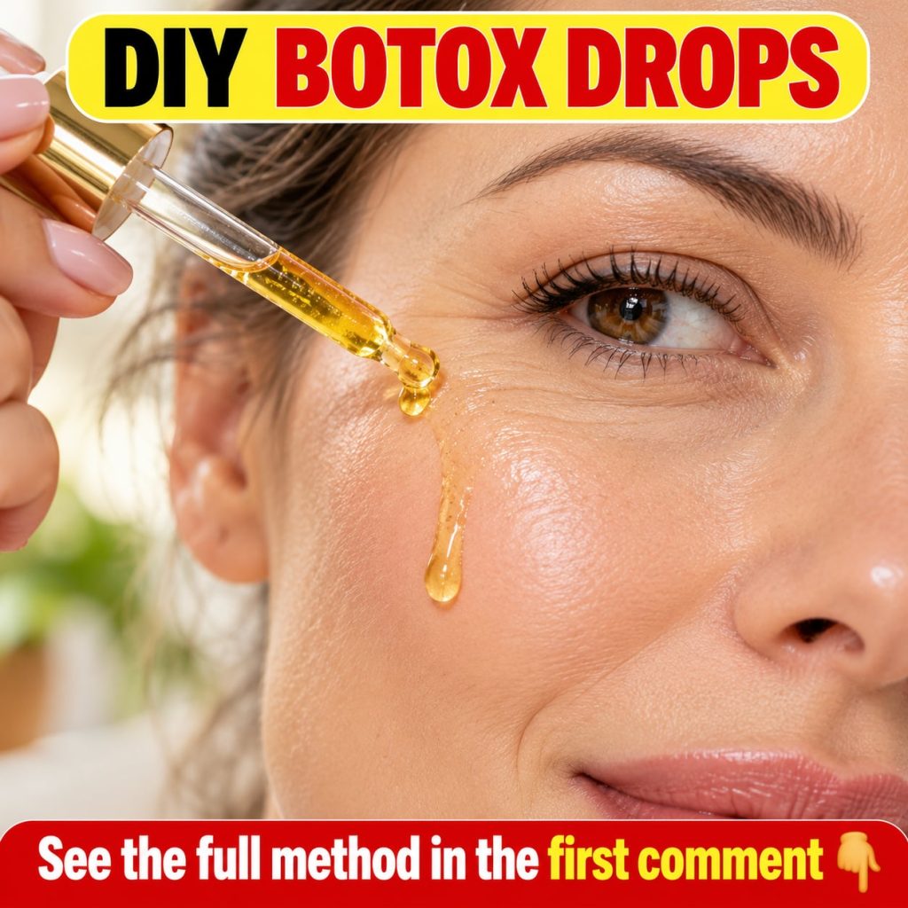 A small clear dropper bottle filled with a golden oily Botox Drops serum placed on a light-colored wooden surface next t