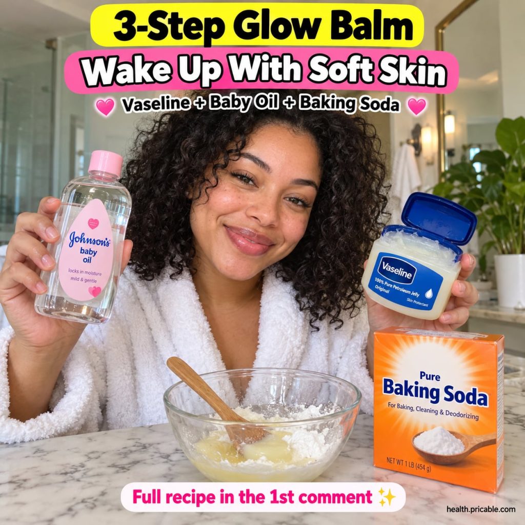 A small glass jar of homemade glow balm with a spoon beside it showing the creamy texture Ingredients like Vaseline baby