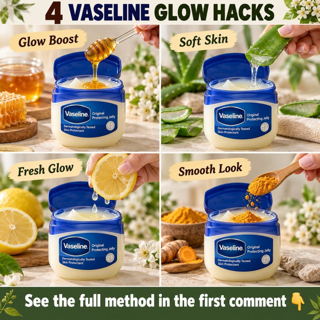 A flat lay arrangement of Vaseline petroleum jelly honey aloe vera leaf turmeric powder and Vitamin E capsules suggestin