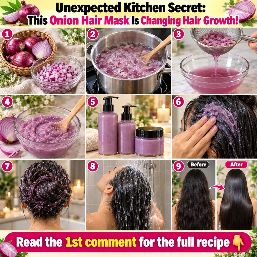 A close-up of a DIY onion hair mask in a bowl with sliced onions and other natural ingredients like honey or coconut oil