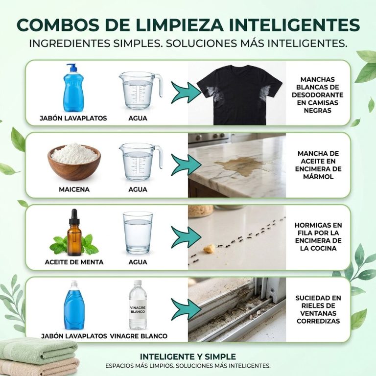 An infographic showing four smart cleaning combos with ingredients and solutions for deodorant stains oil stains on marb