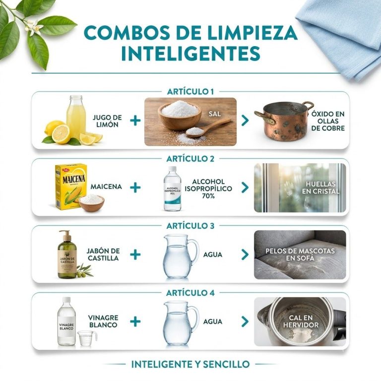 An infographic showing four different intelligent cleaning combos using natural ingredients like lemon salt vinegar baki