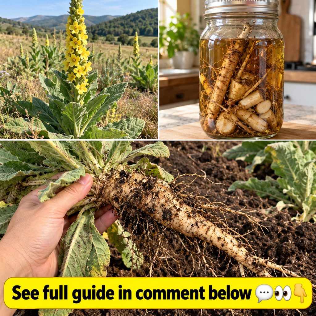 A close-up of a common mullein plant showing its deep root system partially exposed in rich soil