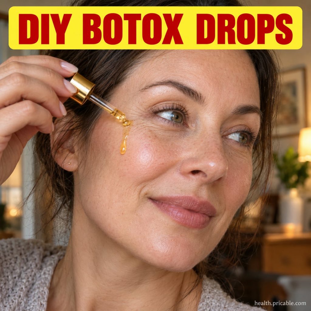 A close-up of a dropper bottle filled with a golden liquid labeled DIY Botox Drops on a clean light background with soft