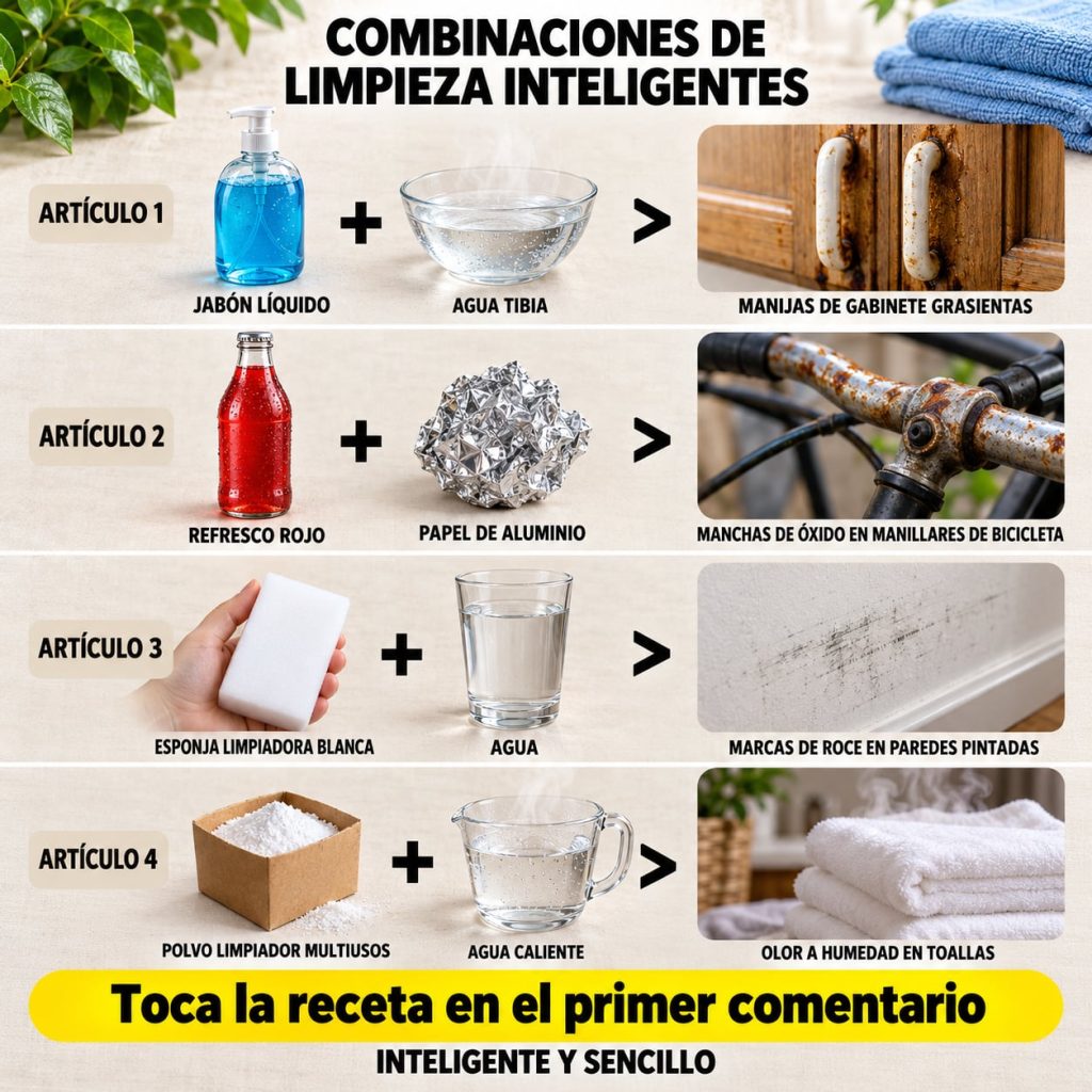 An infographic showing different smart cleaning combinations similar to the source image with illustrations of ingredien