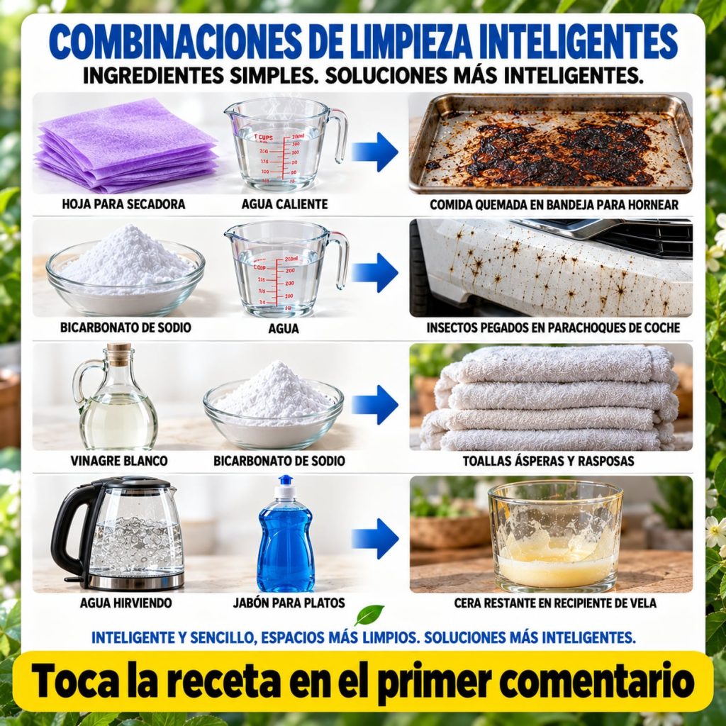 An infographic showing four cleaning hacks with common household ingredients like dryer sheets for car bumper bugs bakin