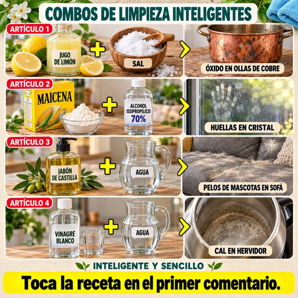 An infographic titled COMBOS DE LIMPIEZA INTELIGENTES showing four different DIY cleaning solutions Each row depicts ing